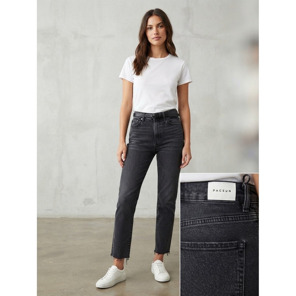 PacSun Dad Jean Washed Black High Rise Straight Leg Raw Hem 24 860H0231655